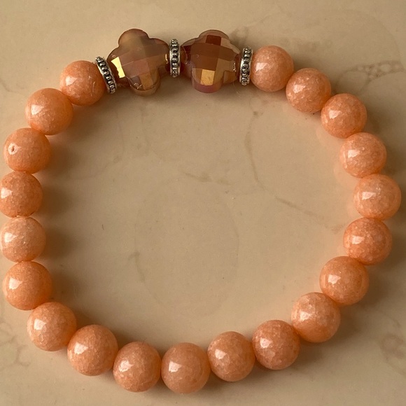 Coral Jade Stretch Bracelet with Faceted AB Crystals - Picture 2 of 4